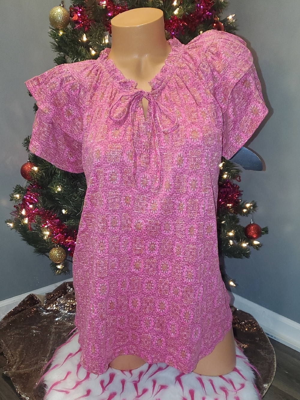 Cato Pink Floral Tie-Front Short Sleeve Blouse NWOT